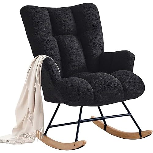 Zedachica Rocking Chair Nursery Teddy Upholstered Glider Rocker Rocking Accent Chair Padded Seat with High Back Armchair Comfy Side Chair for Living Room Bedroom Offices (Black Teddy)