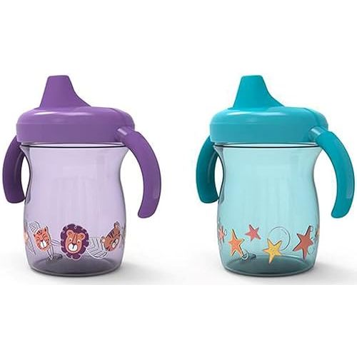 NUK First Essentials Fun Grips Soft Spout Trainer Cup, 7 oz. (2 Count (Pack of 1), Purple&Green)