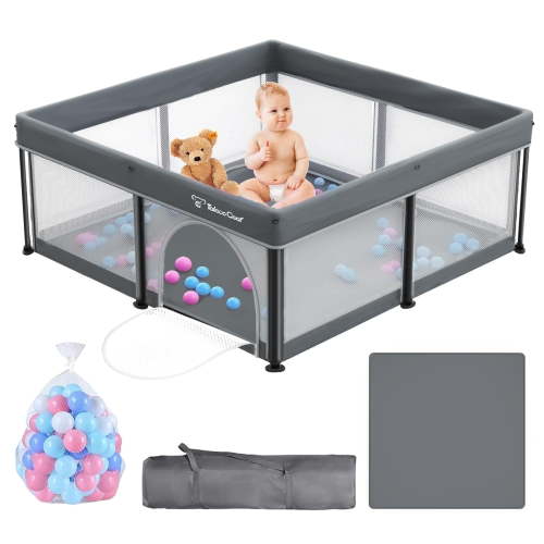 G TALECO GEAR Foldable Baby Playpen with Mat, Indoor & Outdoor Kids Safety Play Pen for Babies and Toddlers, Portable Play Yard with 50 Ocean Balls, 50"×50", Gray