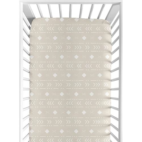 Sweet Jojo Designs Boho Aztec Geometric Boy or Girl Fitted Crib Sheet Baby or Toddler Bed Nursery - Gender Neutral Beige Taupe Tan and White Bohemian Southwest Tribal for Llama Collection