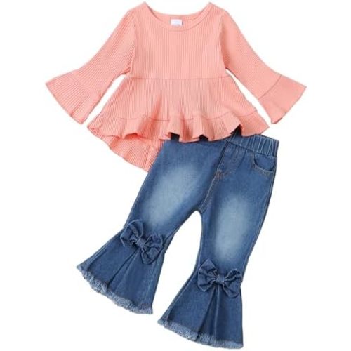 Kucnuzki Toddler Baby Girls Clothes Long Sleeve Shirt Top Flare Denim Jeans Cute Outfit Baby Girl Fall Winter Clothes