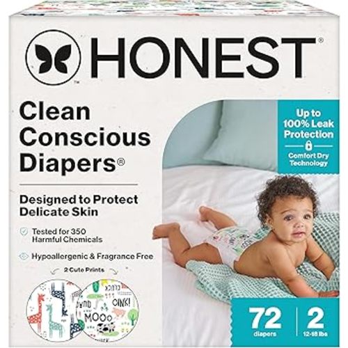 The Honest Company Comfort Dry Disposable Diapers for Sensitive Skin, Hypoallergenic, Fragrance-Free, Multi-Colored Giraffes + Barnyard Babies, Club Box, Size 2 (12-18 lbs), 72 Count
