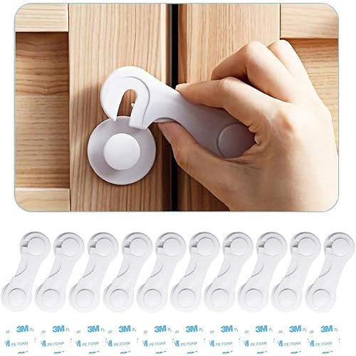 Child Safety Cabinet Locks (10 Pack) - Baby Proofing Latches Lock for Drawers, Toilet Seat, Fridge, Oven, with 10 Extra 3M Adhesives - (White)