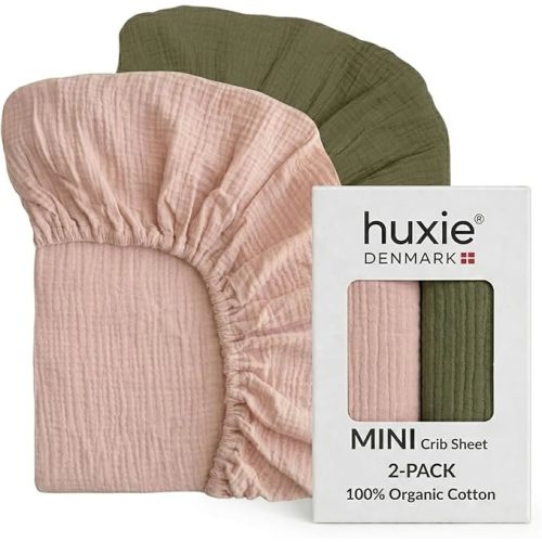 Mini Crib Sheets - Organic Cotton Muslin Fitted Crib Sheet Fitted for Pack and Play - Ultra-Soft and Breathable Crib Sheets for Boys and Girls (Mini Blush/Sage Green)