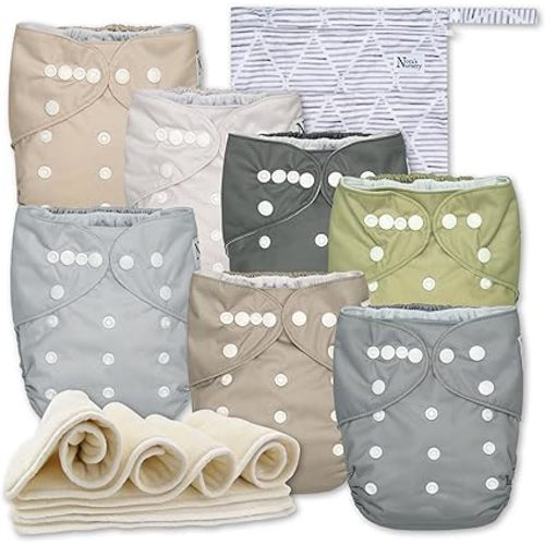 Nora's Nursery Cloth Diapers 7 Pack with 7 Inserts & 1 Wet Bag - Waterproof Cover, Washable, Reusable & One Size Adjustable Pocket Diapers for Newborns and Toddlers - Sand and Stone