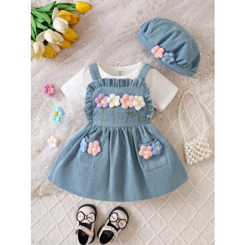 3pcs Baby Girls' Solid Ribbed Texture Short Sleeve T-shirt And Corduroy Dress With 3d Flower Applique And Hat