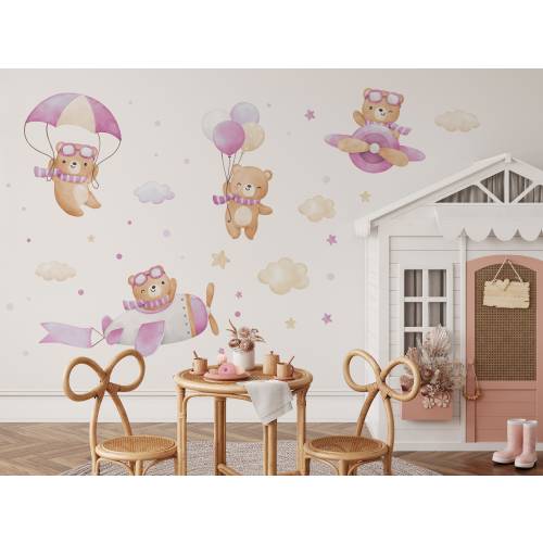 Flying Bears Wall Decals: Watercolor Airplane Nursery Decor