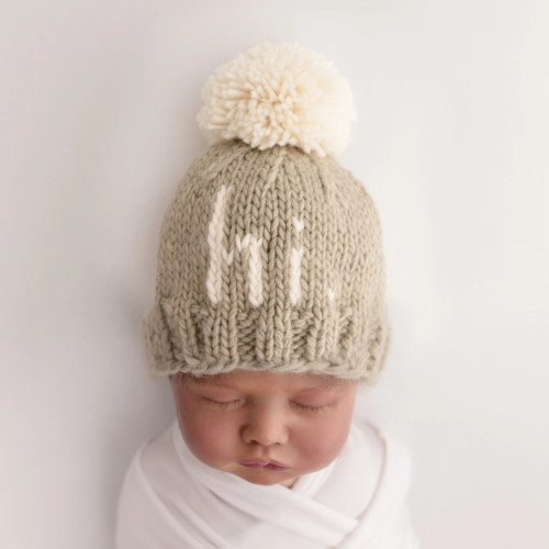 Huggalugs "hi" Pebble Brown Hand Knit Beanie Hat