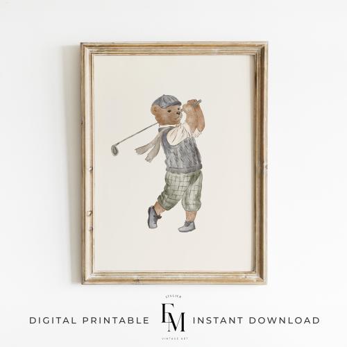 Bear Playing Golf Art Print Golf Print Boy Room Wall Art Vintage Sport Nursery Art Print Teddy Bear Golf Boy Room Decor Sport Playroom Decor