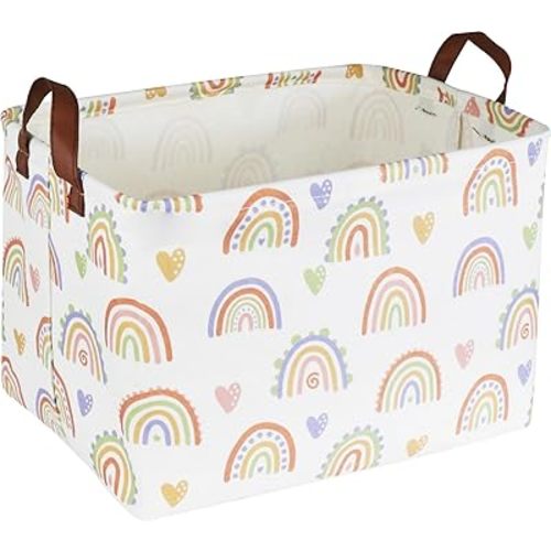 Rectangle Large Rainbow Storage Basket with Handles, Kids Toys Storage Box,Cute Canvas Organizer Bin,Books Basket,Room Decor,Gift Baskets(Rainbow)
