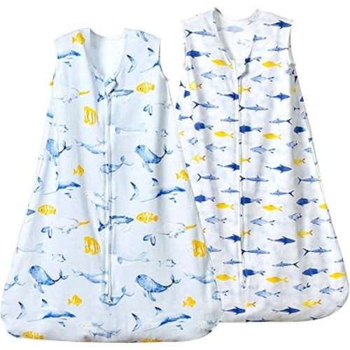 david's kids 100% Cotton Baby Sleep Sack 6-12 Months, Soft Baby Wearable Blankets with 2-Way Zipper, 2 Pack Comfy Sleeping Bags for Infant Newborn Boys Girls Neutral, Medium Size, Whale