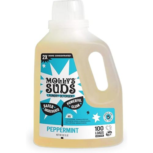 Molly's Suds Liquid Laundry Detergent | Natural Laundry Detergent Soap for Sensitive Skin | 2x Concentrated, High Efficiency (HE) | Peppermint - 100 Loads