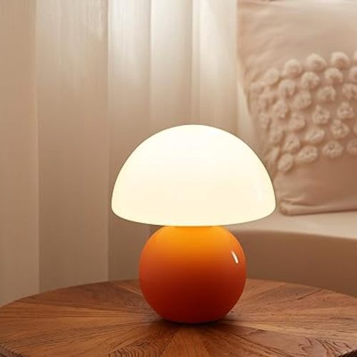 Mushroom Lamp Small Lamp, Table Bedside Nightstand Lamp for Bedroom, Cute Mini Modern Lamp Dimmable, Unique Aesthetic Home Decor for Living Room Girl Gifts, Ceramic Base Glass Lamp(Orange)