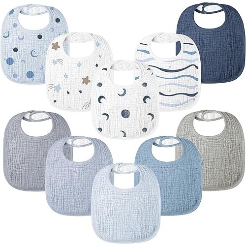 100% Cotton Muslin Baby Bibs 10-Pack Baby Drool Bibs for Unisex Baby Toddlers Infant Newborns Drooling and Teething