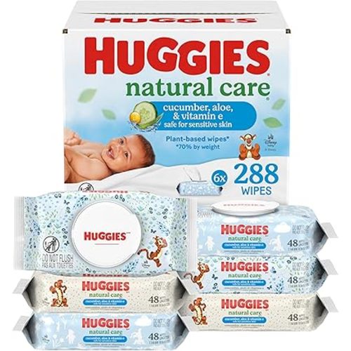 Huggies Natural Care Cucumber, Aloe and Vitamin E Baby Wipes, Hypoallergenic, Scented, 6 Flip-Top Packs (288 Wipes Total), Packaging May Vary
