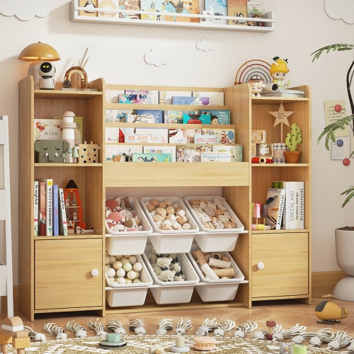 Kids Toy Storage Organizer & Bookshelf with Bins Natural