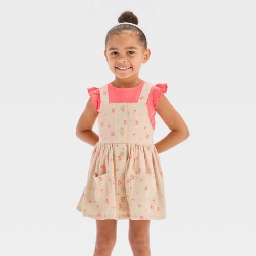Toddler Girls' Dress Set - Cat & Jack™ Pink 12M: Floral T-Shirt & Skirtall, Cotton Blend, Machine Washable, 2-Piece Outfit