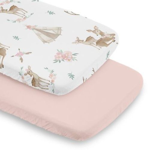 Sweet Jojo Designs Girl Baby Bassinet Fitted Sheets Set Deer Floral Pink Taupe And White 2pc