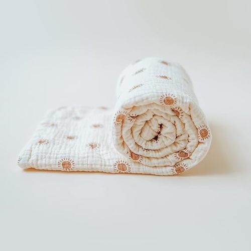 Konssy Baby Blankets for Unisex Boys Girls, Super Soft Nursery Minky Blankets with Muslin Cotton Front and Dotted Fleece Backing, Printed Bed Throws Newborn(Warm Sun)