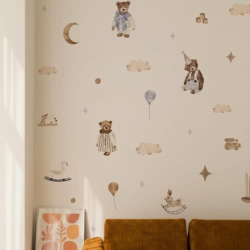 LIWO Boho Vintage Cute Teddy Baby Sailboat Ball Wall Stickers for New Neutral Kids Room Decor,Vinyl DIY Watercolor Decals for Babies Nursery Wall Art Gift