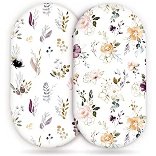GRSSDER Stretchy Ultra Soft Fitted Bassinet Sheet Set 2 Pack, Universal Fit for Bassinets Baby Cradle Moses Basket Oval Rectangle Mattress, Watercolor Pretty Purple Flora for Girls