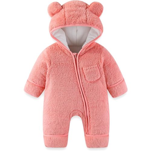 Newborn Baby Bear Outfit With Fold-Over Mittens and Footies Girls Boys Winter Fleece Clothes Hooded Romper Snowsuit
