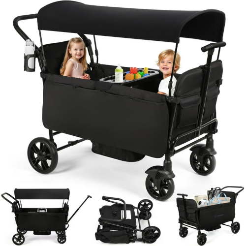 Vomeast Wagon Stroller for Kids, Spacious 2-Seater Stroller Wagon with Adjustable Canopy, Pull & Push Handle, 5-Point Harness, Foldable for Toddlers, Black