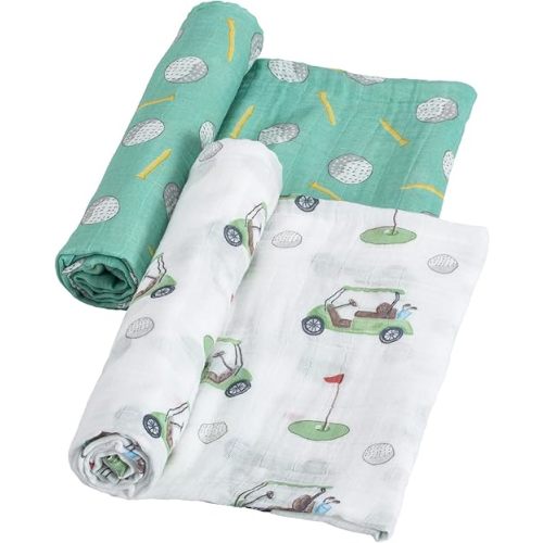 LollyBanks Swaddle Blanket 100% Cotton, 2 Pack Muslin Swaddle Blankets, 47 x 47 inches Swaddles for Boys and Girls, Lightweight Baby Blanket, Baby Essentials, Registry (Golf Print)