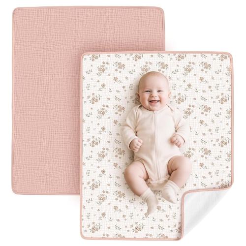 Konssy Muslin Cotton Diaper Changing Pad 2 Pack,Portable Baby Changing Mat with Terry Backing, Leak-Proof, Soft & Foldable Travel Pad, Shower Gift for Newborn Girls