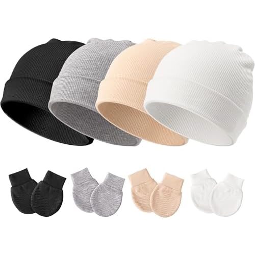 DRESHOW BQUBO Baby Newborn Hats with Scratch Mittens for Unisex Preemie Newborn Hats Hospital Hats for Boys Girls 0-6 Months