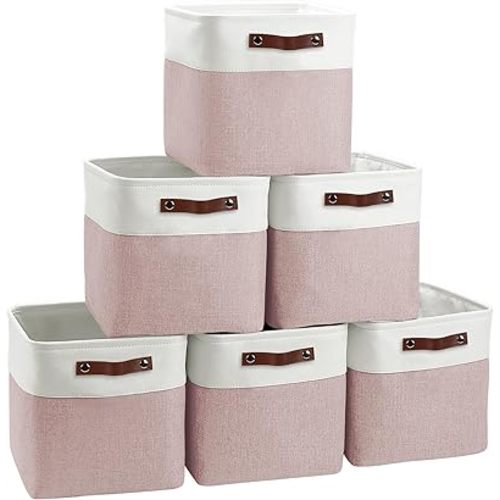 Cube Storage Baskets 6 Pack, 11x11 inch Foldable Cube Storage Bins with Leather Handles for Shelf Closet Nursery Toys (White/ Pink)