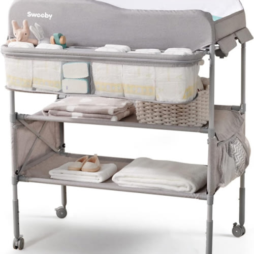 Sweeby Portable Baby Changing Table, Foldable Changing Table Dresser Changing Station for Infant, Waterproof Diaper Changing Table Pad Topper, Mobile Nursery Organizer for Newborn Essentials (Grey)