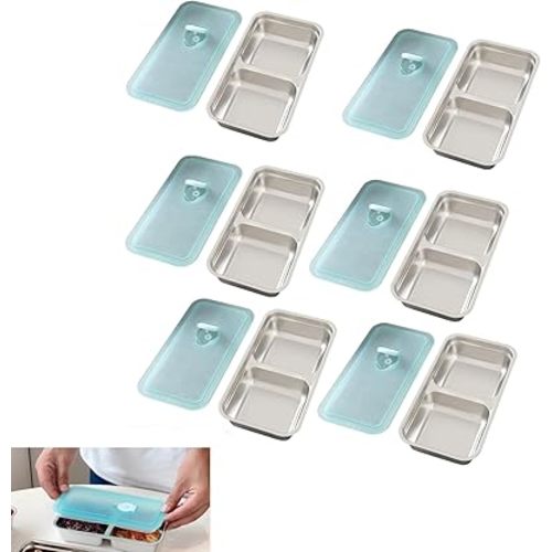 Snack Containers Reusable, Stainless Steel Double Compartment, Dishwasher- Reusable Condiment Containers with Lids 6PCS