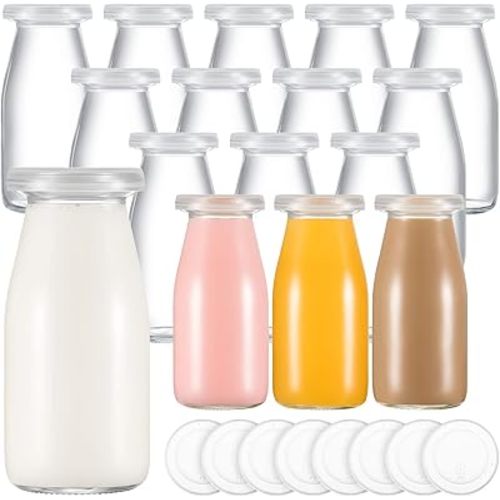 Zubebe 12 Pack 6.76 oz Small Glass Milk Bottles Clear Mini Party Bottles with Lids Glass Juice Jars Reusable Small Milk Jars Vintage Breakfast Shake Containers for Baby Shower Birthday Party Favors
