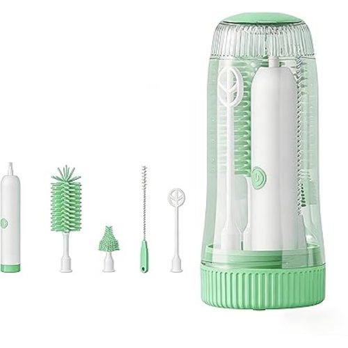 Portable Electric Silicone Bottle Brush Set, 7-in-1 UV Light USB Charging, Nipple/Straw Cleaner, Milk Mixer, Built-in Drying Rack & Storage Case, BPA-Free, IPX7, On-the-Go for New Parents (Mint)