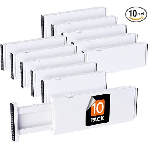 Lifewit 10 Pack Drawer Dividers Plastic 4" High, 11-17" Adjustable Drawer Organizers for Clothes, Expandable Dresser Separators in Bedroom/Bathroom/Kitchen/Office Organization and Storage, White