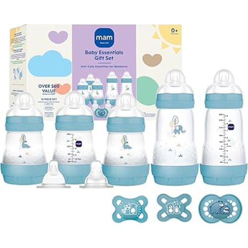 MAM Newborn Essentials Matte Feeding Set, Easy Start Anti-Colic Bottles 5oz, Self-Sterilizing, for 0-3 Months Pacifiers, Skinsoft Silicone Nipples, 10 Pieces for Boy