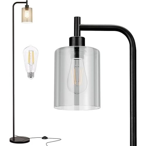 Floor Lamps for Living Room - Standing Lamp with Grey Glass Shade, Modern Floor Lamp with LED Bulbs, Industrial Floor Lamp for Bedroom, Black Tall Lamp for Office(Light Bulb Included)