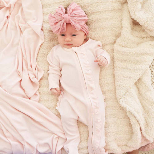 Pearl Pink Waffle Bamboo Zipper Ruffle Footie