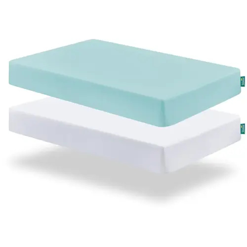 Biloban Pack and Play Sheets Fitted, 2 Pack Pack and Play Sheet Fits for Graco Pack n Play Mattress, Neutral Playard Sheets for Baby Boys and Girl, White & Aqua, 38”X 26”