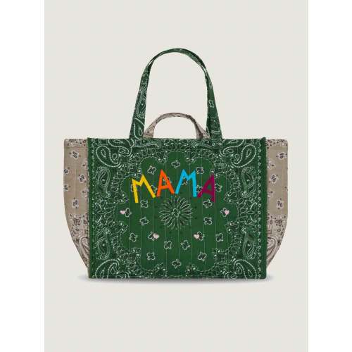 Large quilted shopping bag 100% cotton : GREEN WEEKEND BEIGE - MAMA