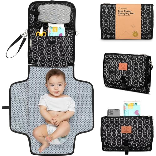 KeaBabies Portable Diaper Changing Pad - Large Waterproof Baby Changing Mat, Compact Travel Diaper Clutch, Functional Pockets Fit Newborn Essentials, Wipeable & Padded Baby Changer (Black Geo)