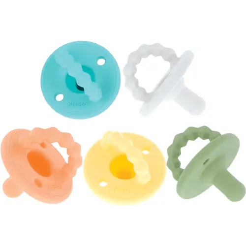Nuby Silicone Softees Pacifier and Teethers - (5-Pack) Silicone Baby Pacifiers and Teethers - 0+ Months - Assorted Neutral Colors