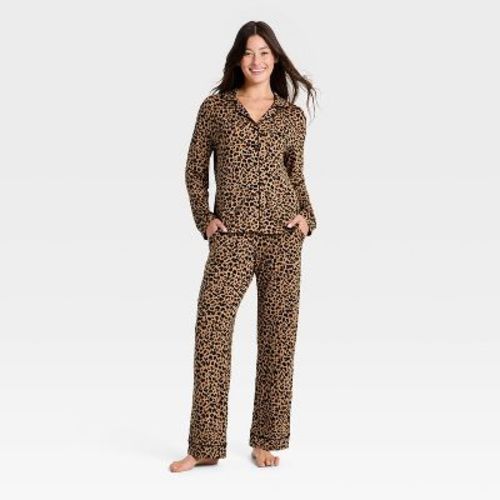 Women's Cloud Knit Modal Long Sleeve Notch Collar Top and Pants Pajama Set - Auden™ Tan L