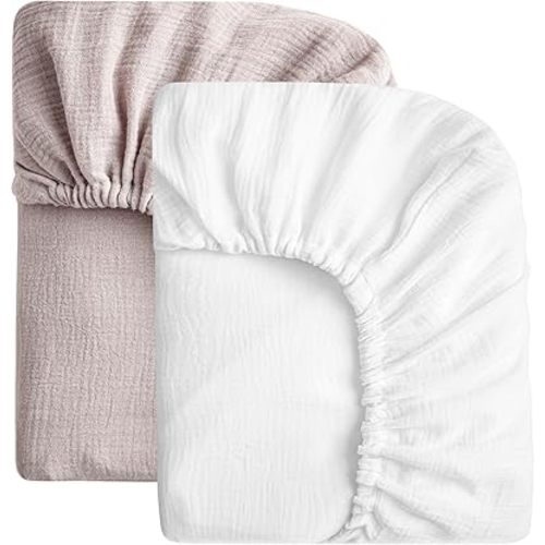 SOULFUL Muslin Crib Sheets for Boys Girls, 2 Pack Soft and Breathable Organic Cotton Fitted Crib Sheets for Standard Crib Mattress (28"x 52", White & Mist Pink)