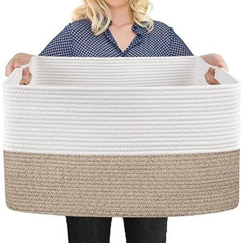 Extra Large Cotton Rope Basket, 23.6" x 15.7" x 14.1" Rectangle Blanket Basket Living Room, Wicker Woven Throw Blanket Pillow Storage Basket, Soft Kids Dog Toy Basket Storage Bins Organizer