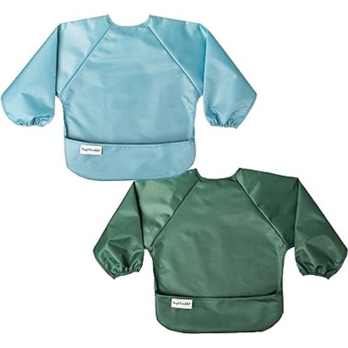 Tiny Twinkle Mess Proof Baby Bib, 2 Pack Full Sleeve Bib Outfit, Waterproof Bibs for Toddlers, Machine Washable, Tug Proof Closure, Baby Smock for Eating, Long Sleeve (Slate Olive, Small 6-24 Months)
