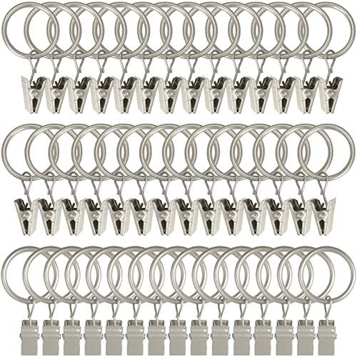 WeeksEight 44 Pack Matte Silver Curtain Rings with Clips, Curtain Hooks Hangers Clip Rings for Hanging Drapes Bows Hat, Drapery Rings 1 in I D, Fits up to 5/8 in Diameter Curtain Rod.