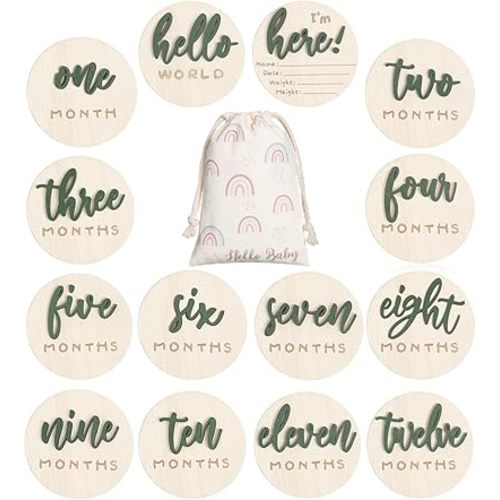 3D Baby Milestone Wooden Circles Hello World Newborn Sign 7 Pack Double Sided Monthly Milestone Cards Sign Baby Announcement Sign for Newborn Shower Photo Props(Green)