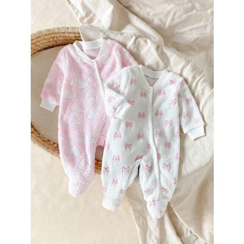 Souflis Souflis 2pcs Newborn Baby Girl Sleepers,White Winter Cute Home Night Plush Fleece Fabric Set,Warm Bow & Heart Pattern Design,Soft Skin-Friendly Fall Pajamas | SHEIN USA